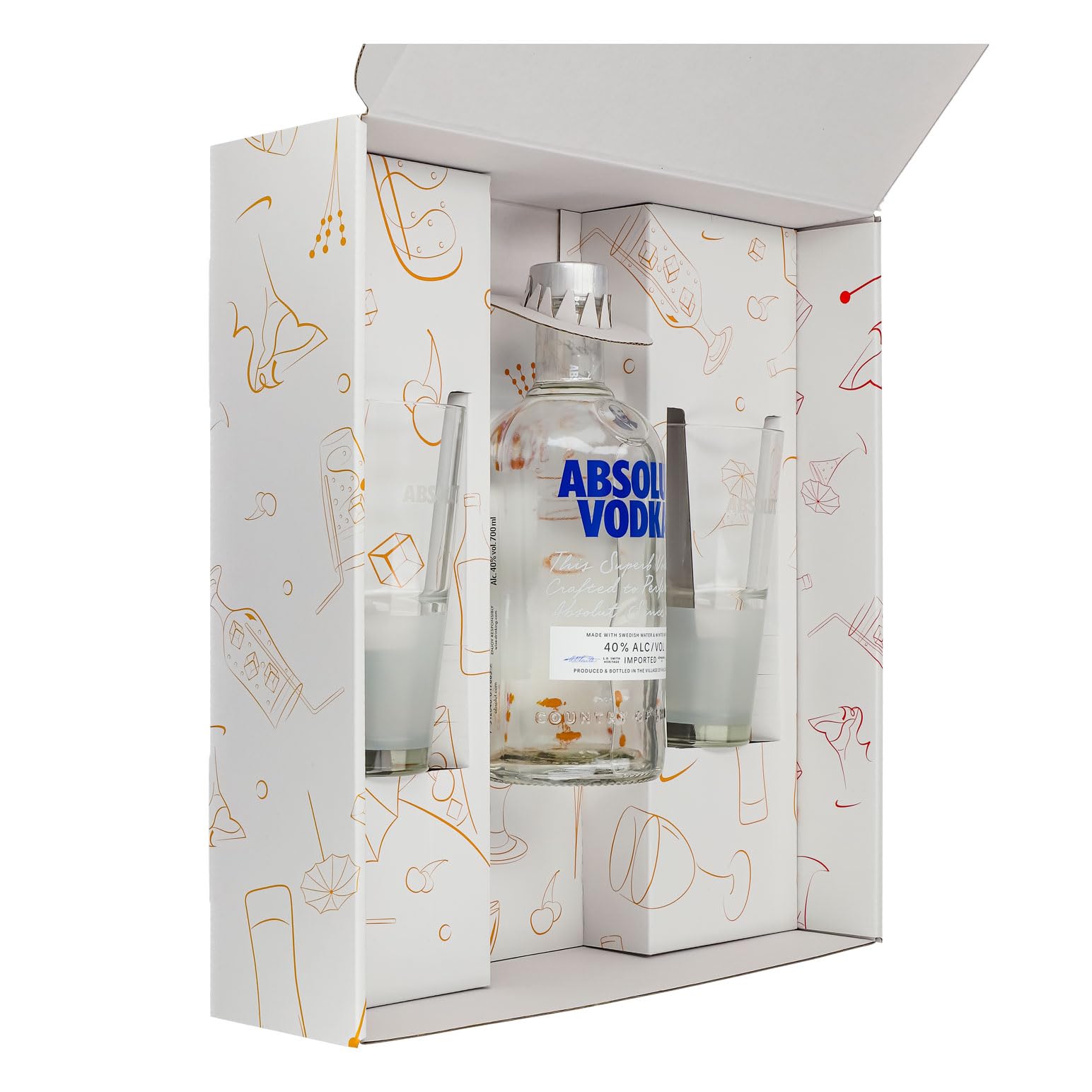 Sipply Geschenkset 3-teilig mit 2 Gläser Frosted und 1 Flasche Absolut Vodka 0,7l 40% Vol. | mit Geschenkverpackung: Weiß | Geschenk für Frauen Männer Mama Papa Freundin zu Weihnachten Ostern