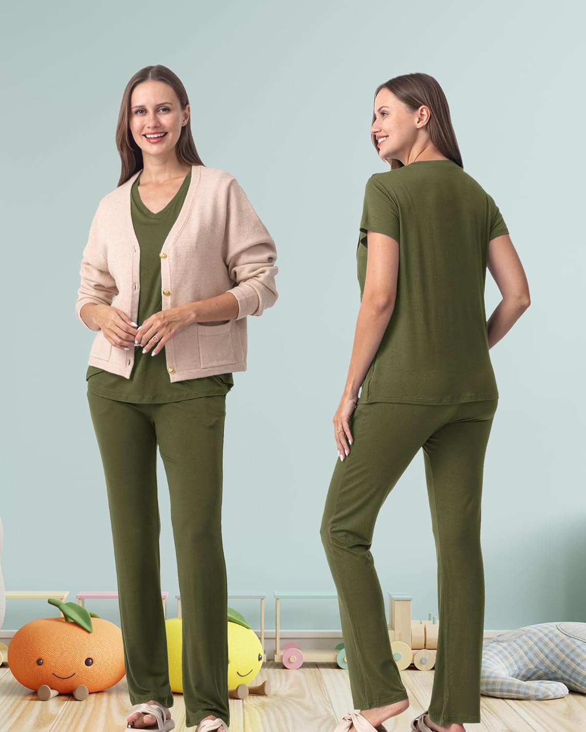 Rnxrbb V Neck Nursing Pajamas Set 3 Pack Postpartum Pjs Breastfeeding Sleepwear for Women Double Layer with Pockets - Image 6