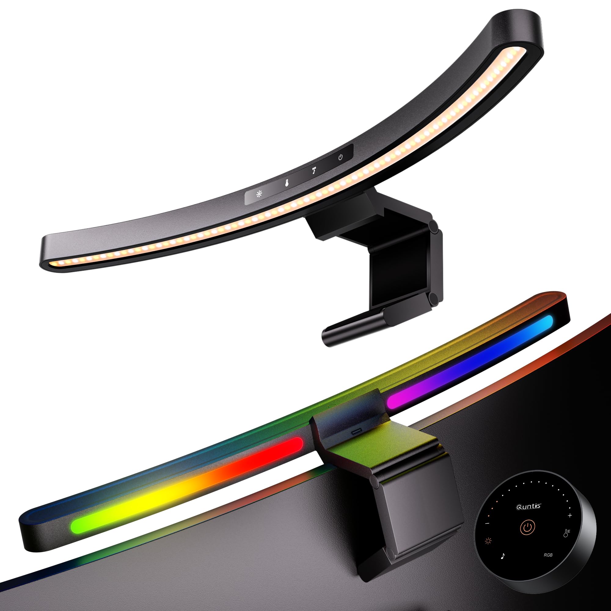 Quntis Curved Monitor Lampe 45cm Monitor Light Bar mit Musik-Sync, USB Bildschirmlampe mit Fernbedienung & Touch Control, Antiblaue blendfreie platzsparende Schreibtischlampe Augenschutz PC Lampe Büro