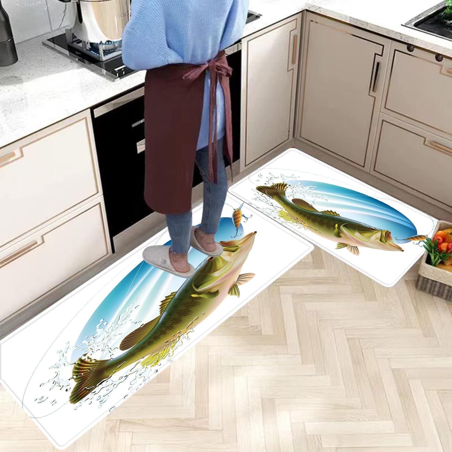 Juego de Alfombrillas de Cocina Juego de Alfombrillas de Cocina de 2 Piezas,Pesca de lubina bocazas atrapando un bocado en el Agua Spray Motion Splash Wild Image,Tapetes Alfombra Interior Felpudo