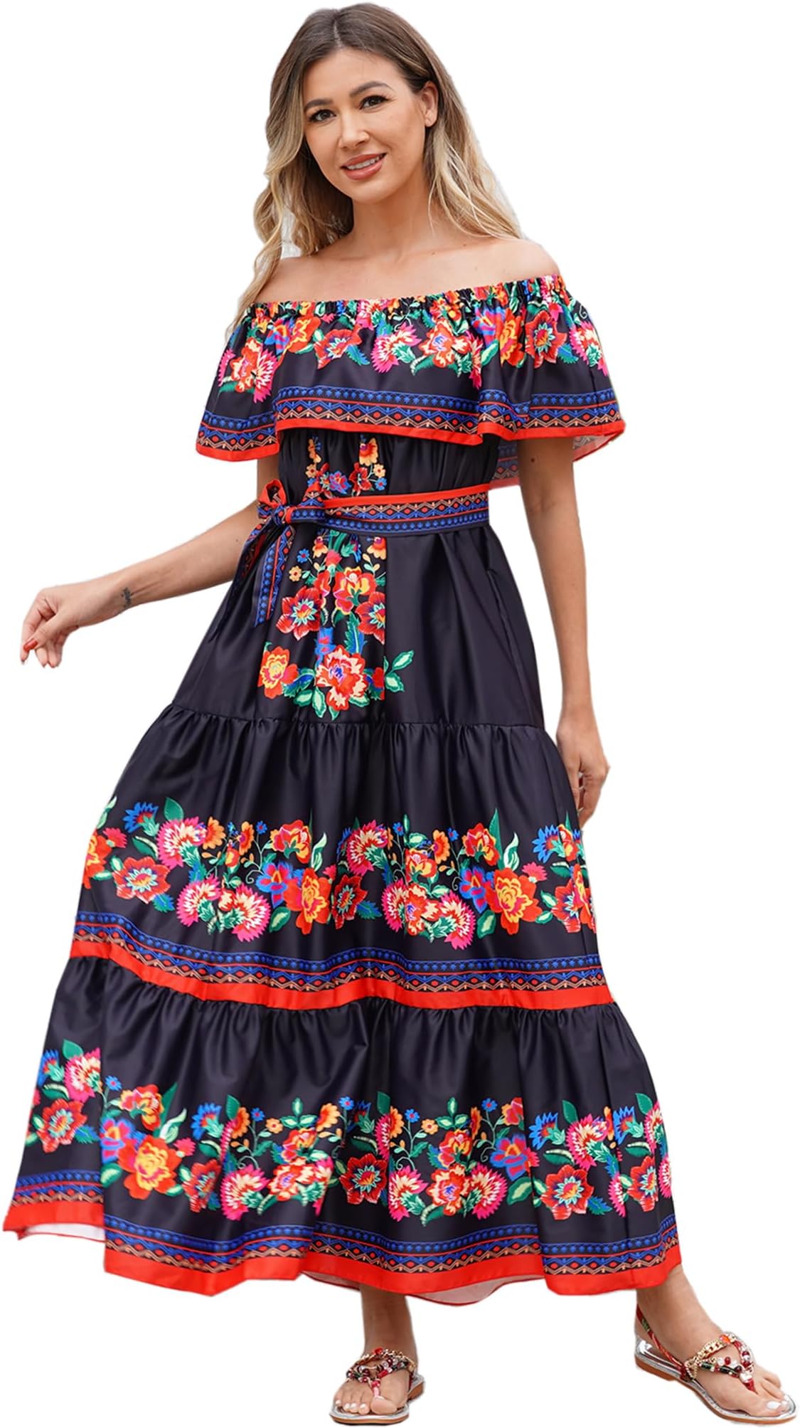 IKADEXWomen Mexican Dress Off Shoulder Floral Long Maxi Dress Summer Beach Party Cinco de Mayo Dresses with Belt