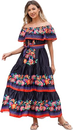 Women Mexican Dress Off Shoulder Floral Long Maxi Dress Summer Beach Party Cinco de Mayo Dresses with Belt