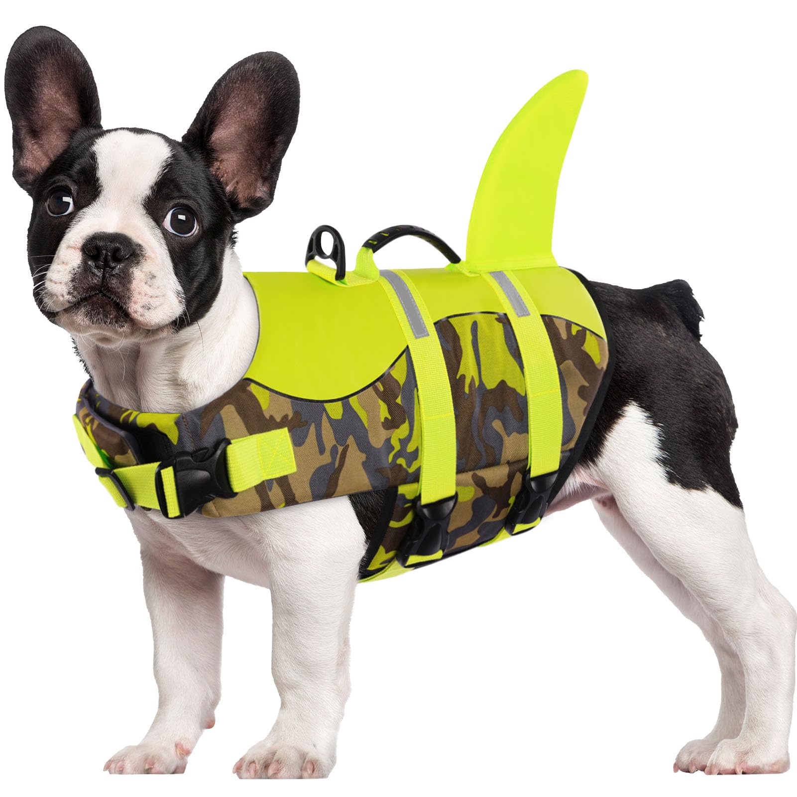 CITÉTOILE Salvagente per Cane, Giubbotto Salvagente per Cani, Ripstop Regolabile Squalo Giubbotto di salvataggio, Leggero e Sicuro per Gli Sport Acquatici, Verde mimetico, M