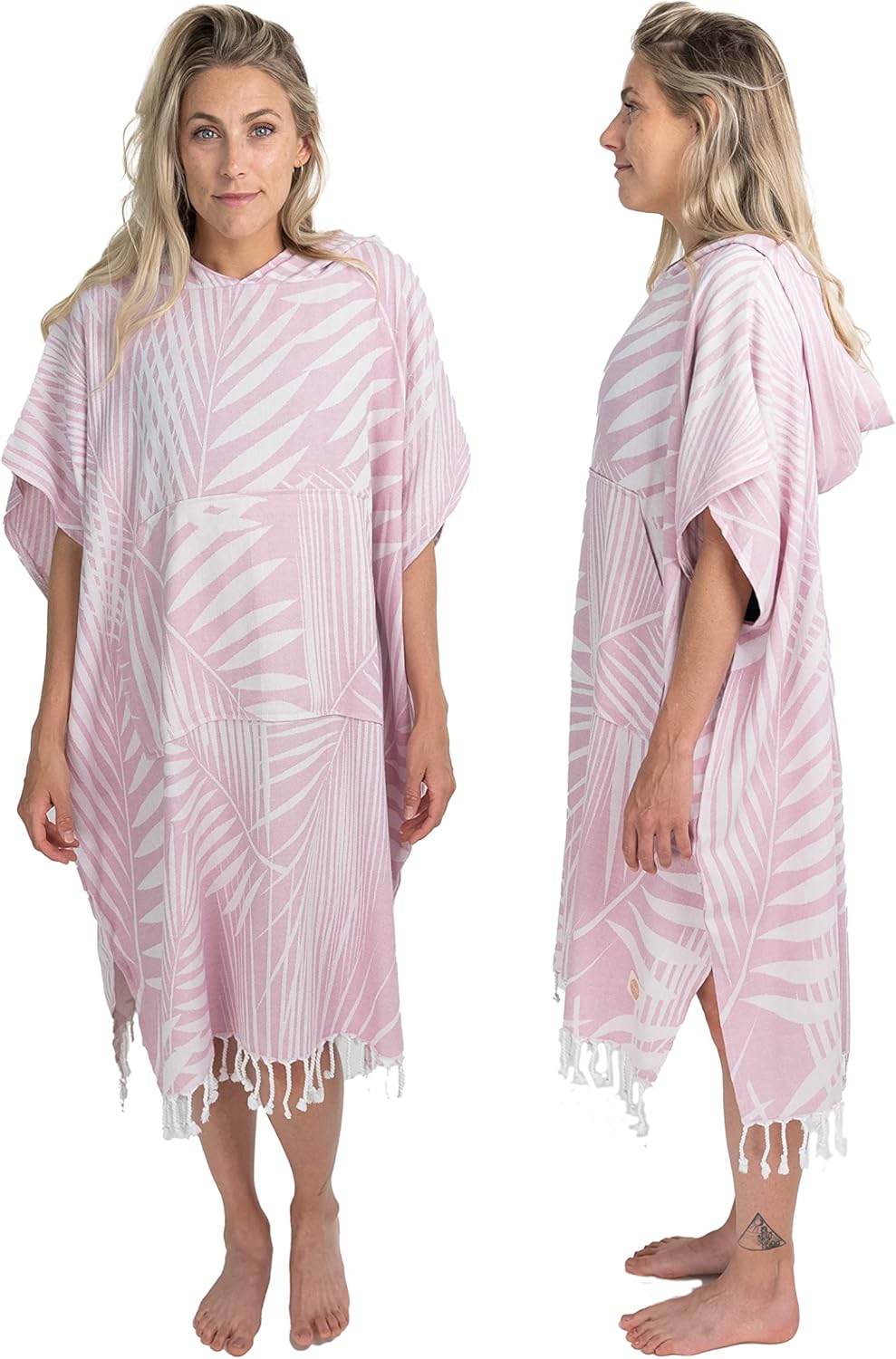 Nova Blue Towel Poncho – Tropical Pink Palm Leaves Swimsuit Coverup – Hooded Bathing Suit Coverup (33 x 37) – 100% Turkish Cotton Quick Dry Towel Dress for Beach & Pool