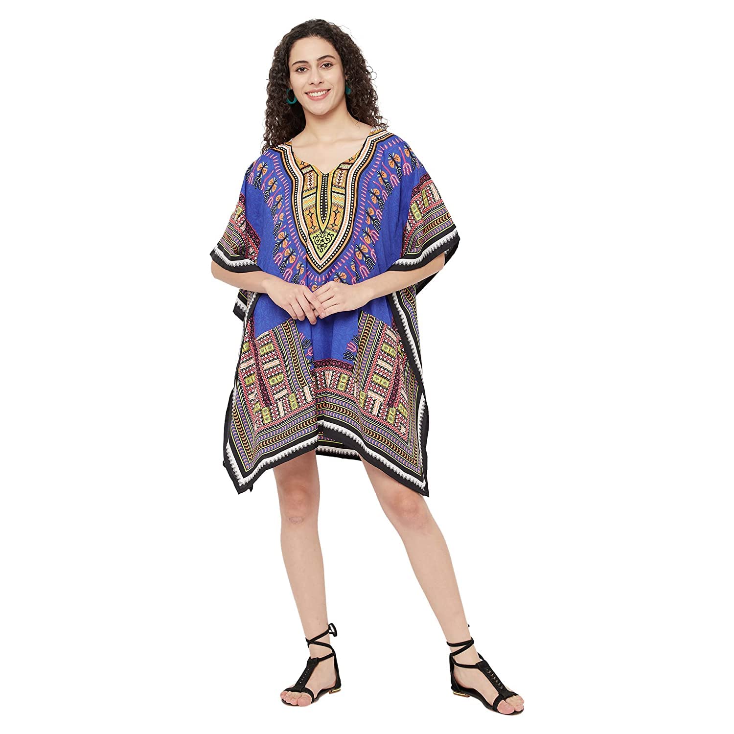 Vestido corto de caftán premium UKAL estampado azul con caída fluida y sofisticada 6