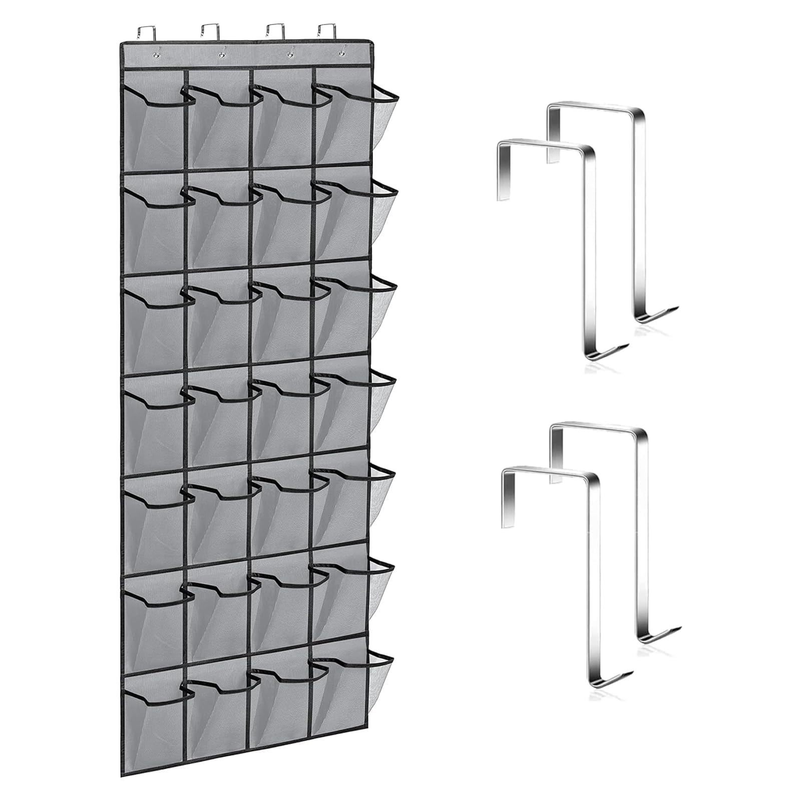 Tsathoggua Black Hanging Shoe Organiser With 28 Large Mesh Pockets And 4 Hooks - Overdoor Shoe Storage For Wardrobe Door Tidy, Narrow Closet, Bedroom, Bathroom