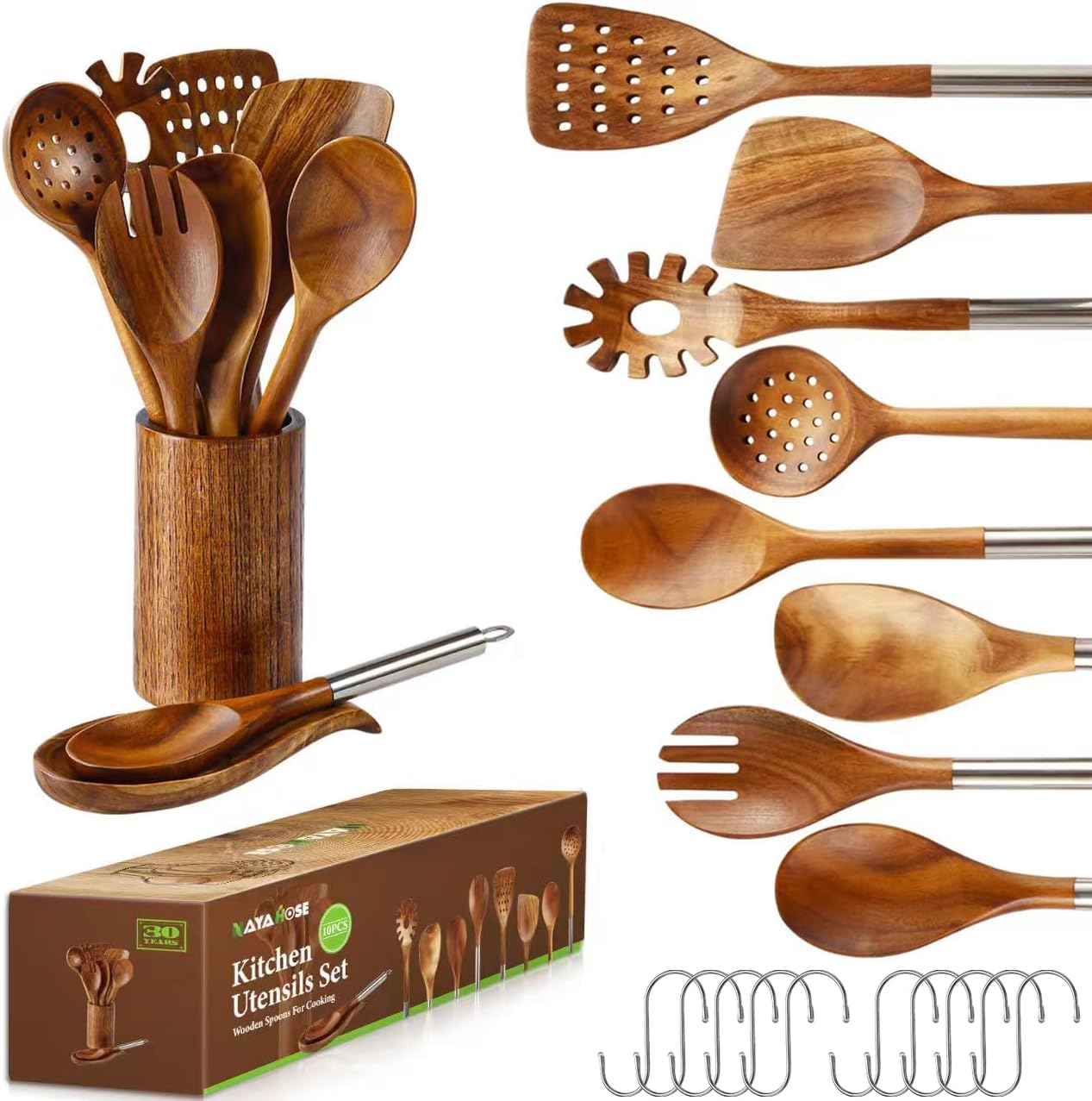 Wooden Spoons for Cooking with Utensils Holder, 10-Pieces Wooden Utensil Set Non-Stick, Natural Teak Cookware Wooden Cooking Spurtle Set, with Stainless Steel Handle