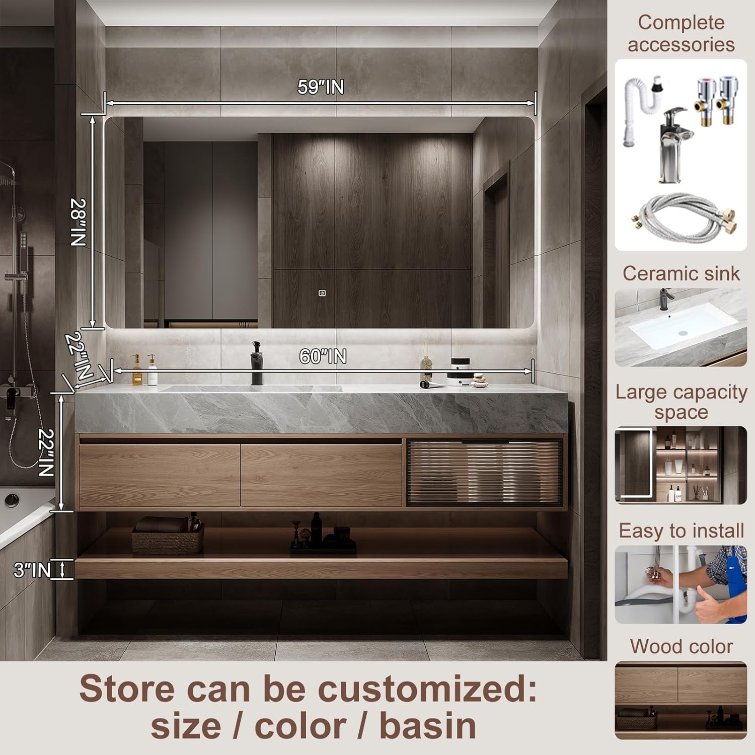 Oneroom Vessel Sink Bathroom Vanity, Bathroom Vanities with Sink Vanity Sink,Lighted Vanity Mirror Wall Mounted & Giant Mirror, Mirror with Light