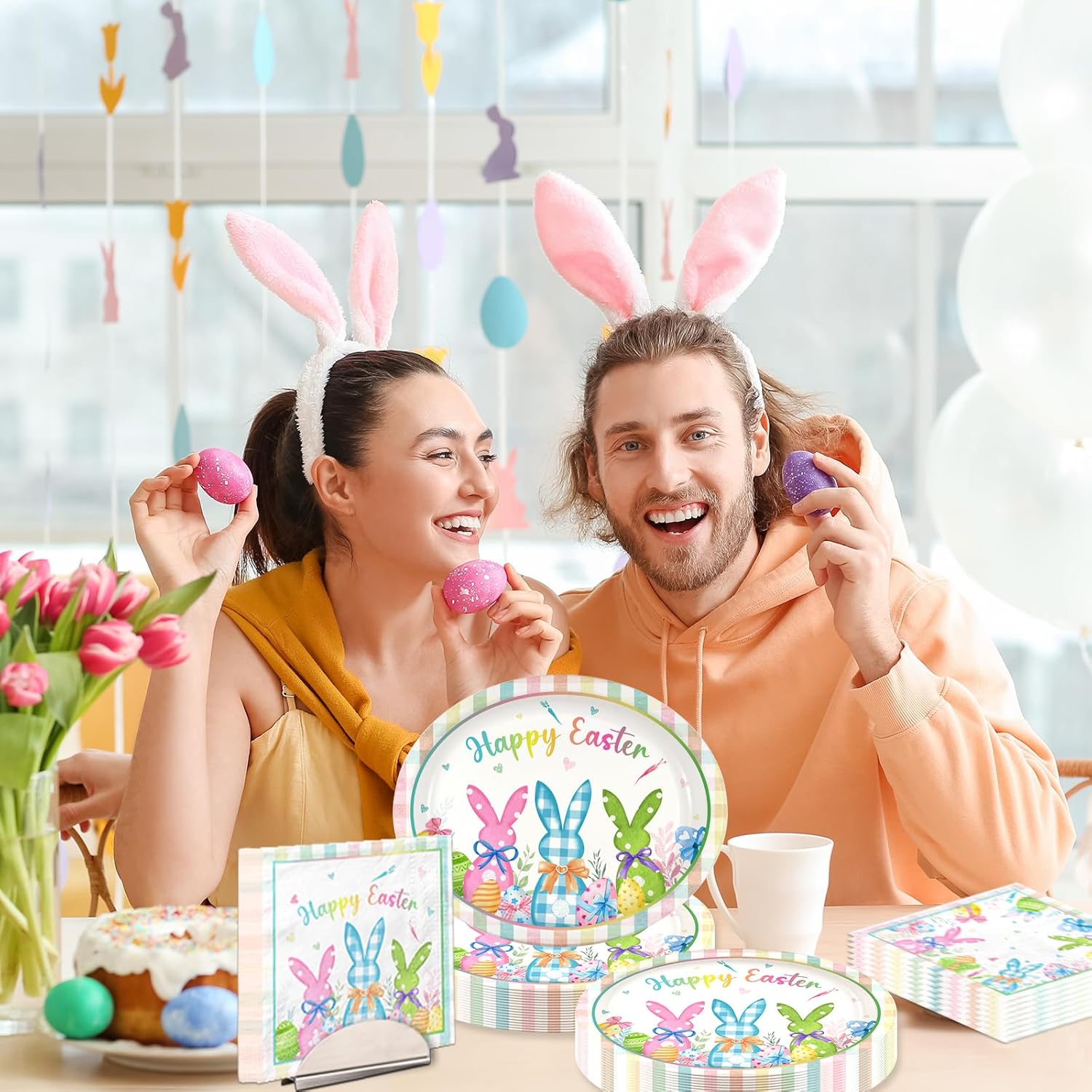 Easter Plates and Napkins,Oval Easter Paper Plates and Napkins 100pcs Oval Bunny Plate and Napkin for easter Party Supplies,Serves 50 - Image 2