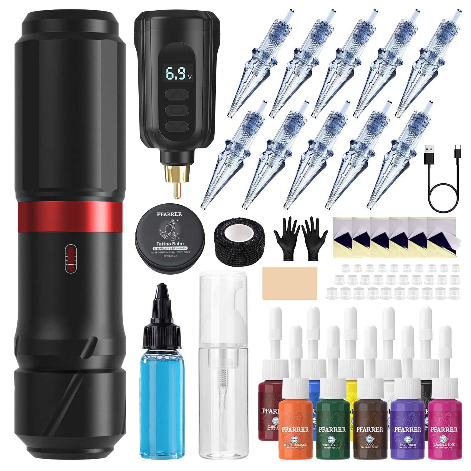 PFARRER maquina de tatuar kit completo Rotativa Máquina con 4 Modos Batería 10pcs Agujas Tatuaje Cartucho 10 Tinta Tatuaje Profesional for Principiante y Artistas PRP83KITEU-1