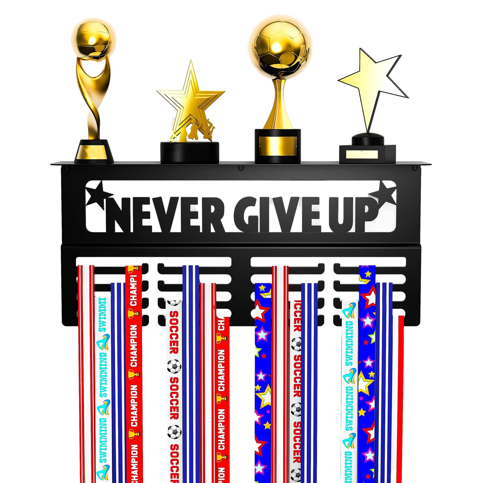 Présentoir pour 64 trophées sportifs avec étagère murale de rangement