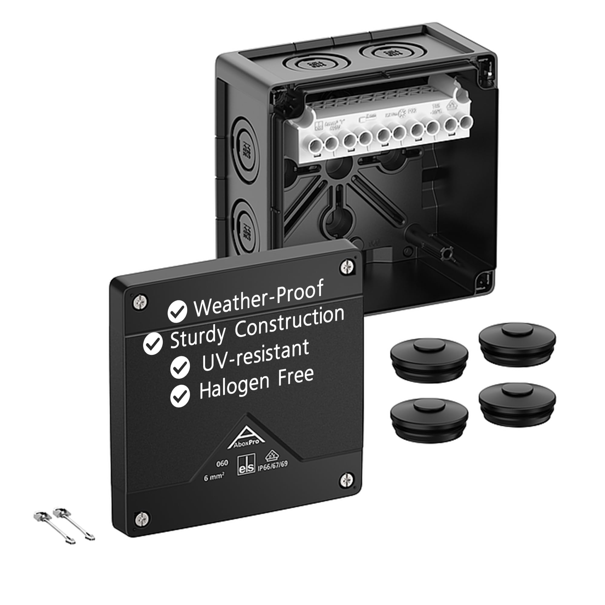Spelsberg Abox Pro 060-6/sw - IP66/IP67/IP69 Junction Box with Cable Connectors Accessories - Electrical Enclosure with Raised Screw Terminals - Rated 690V for Industrial & Outdoor (Black)