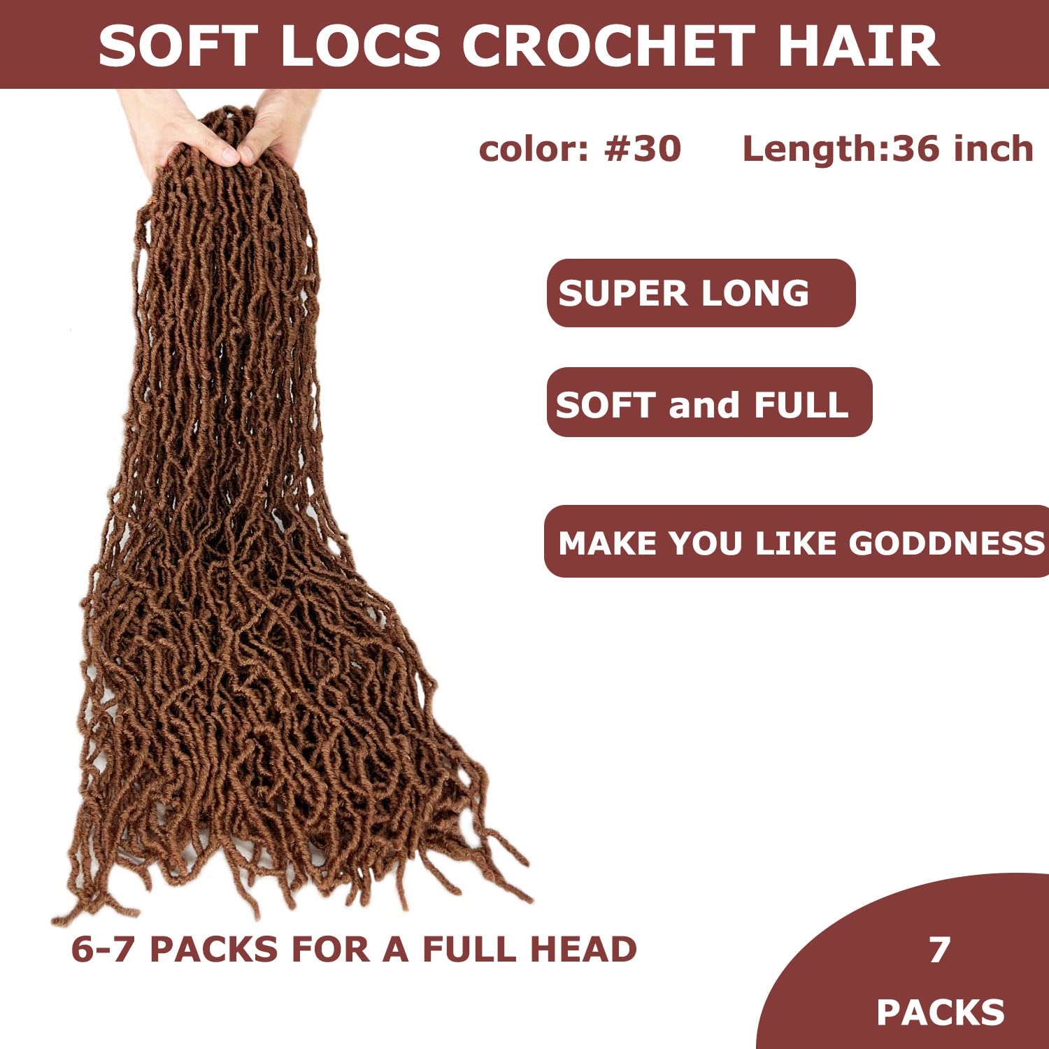 Brown 7 Packs Soft Locs 36 inch Goddess Locs Crochet Hair for Black Women Whole Strand Pre-looped Long New Locs Braiding Hair Extension