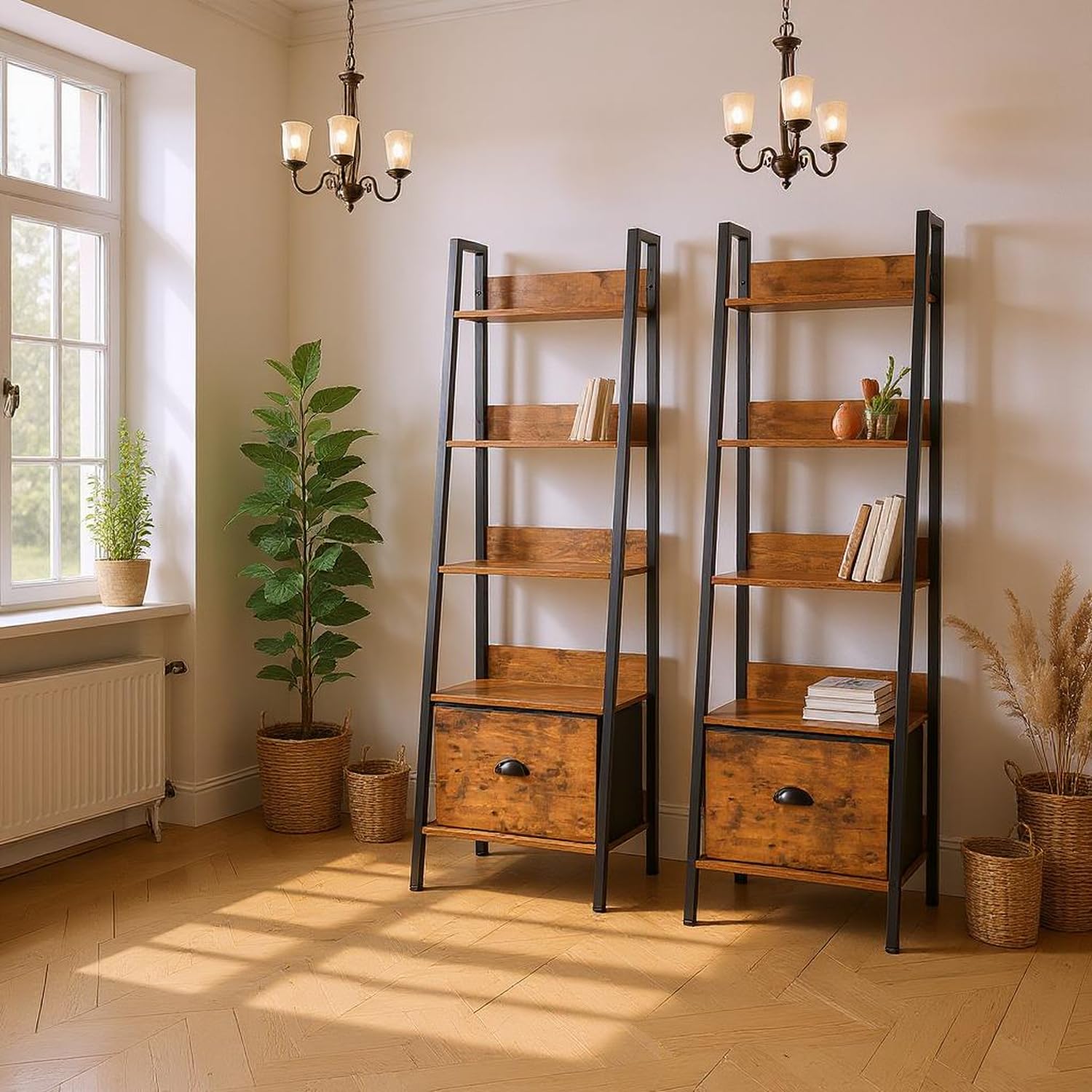 FurnitureR Esszimmer Glasvitrine Leiterstil 42x29x141 cm, 5 Ebenen, Stoffschublade, 12 mm Holzplatten & 20 mm Metallrahmen, 7,5 cm Rückwand, Elegantes Präsentationsregal