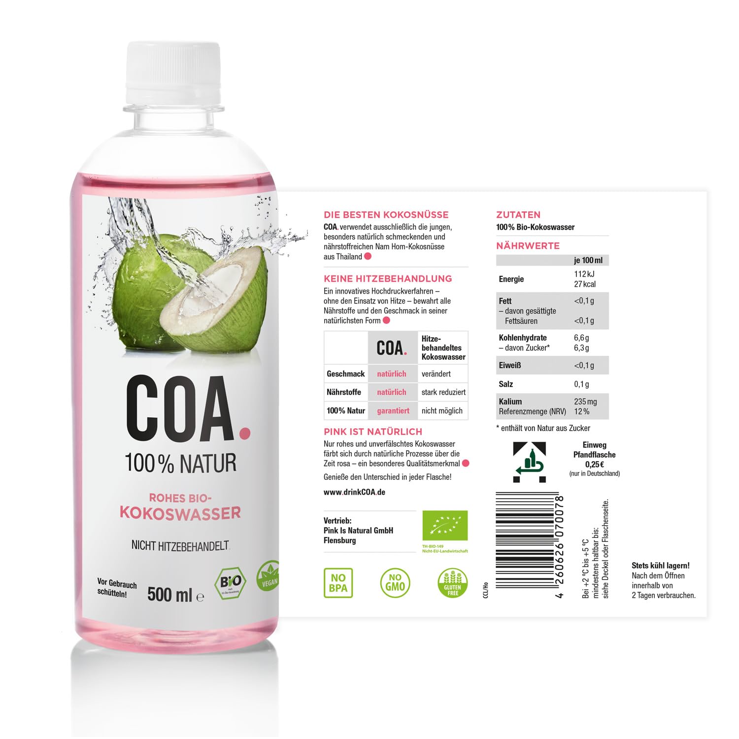 Bio-Kokoswasser 12x500ml Unbehandelt Vegan Glutenfrei Isotonisch