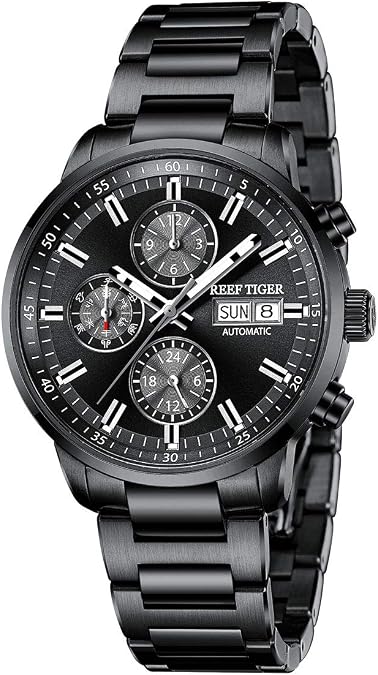 REEF TIGER All Black Multi-Function Automatic Watches for Men Waterproof for Men RGA1659