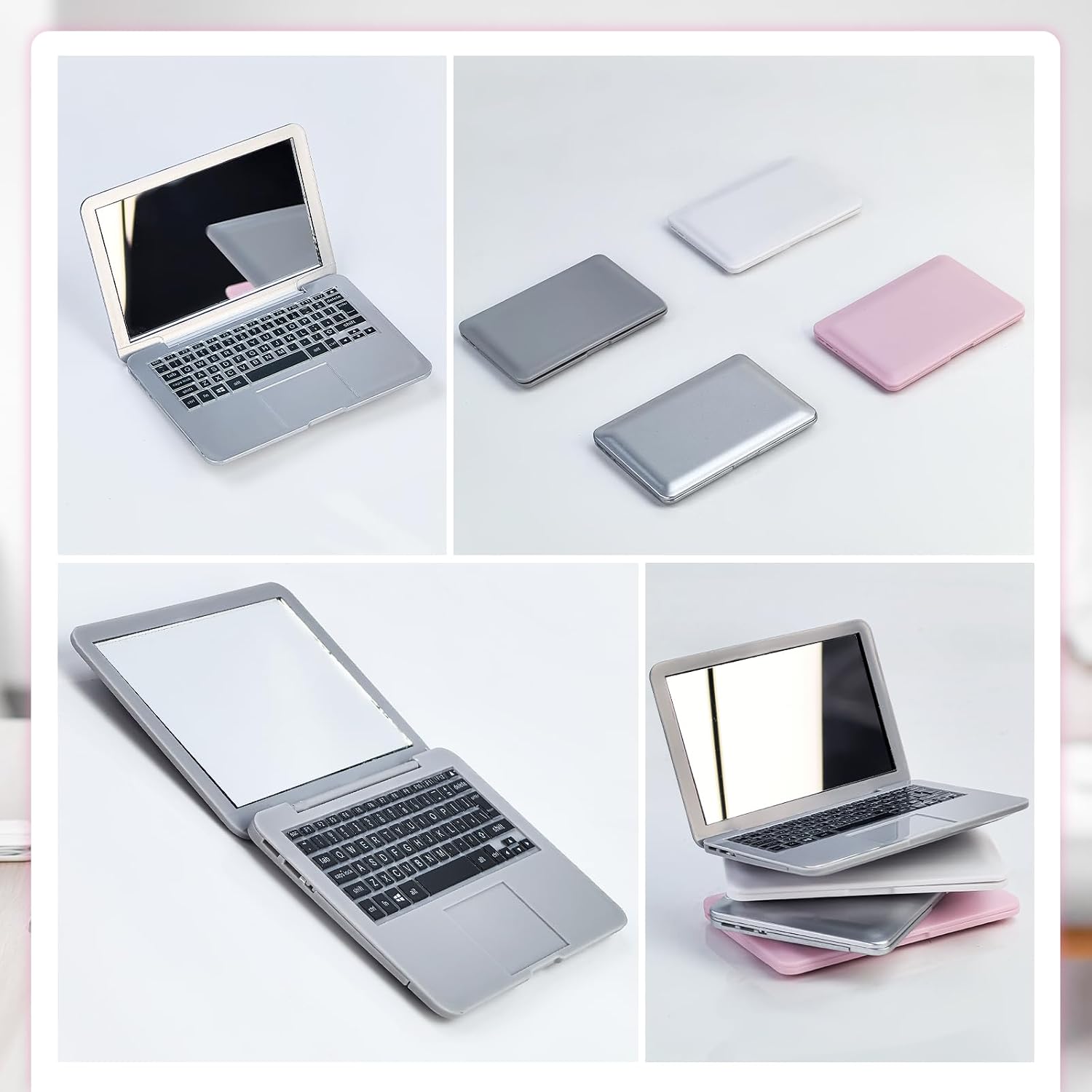 Flylin 4Pcs Small Laptop Mirror Compact, Vanity Mini Pocket Mirror Protable for Travel Makeup Cat Pet Dollhouse Decoration, 3.7 x 2.5 Inch (Pink+White+Sliver+Grey)