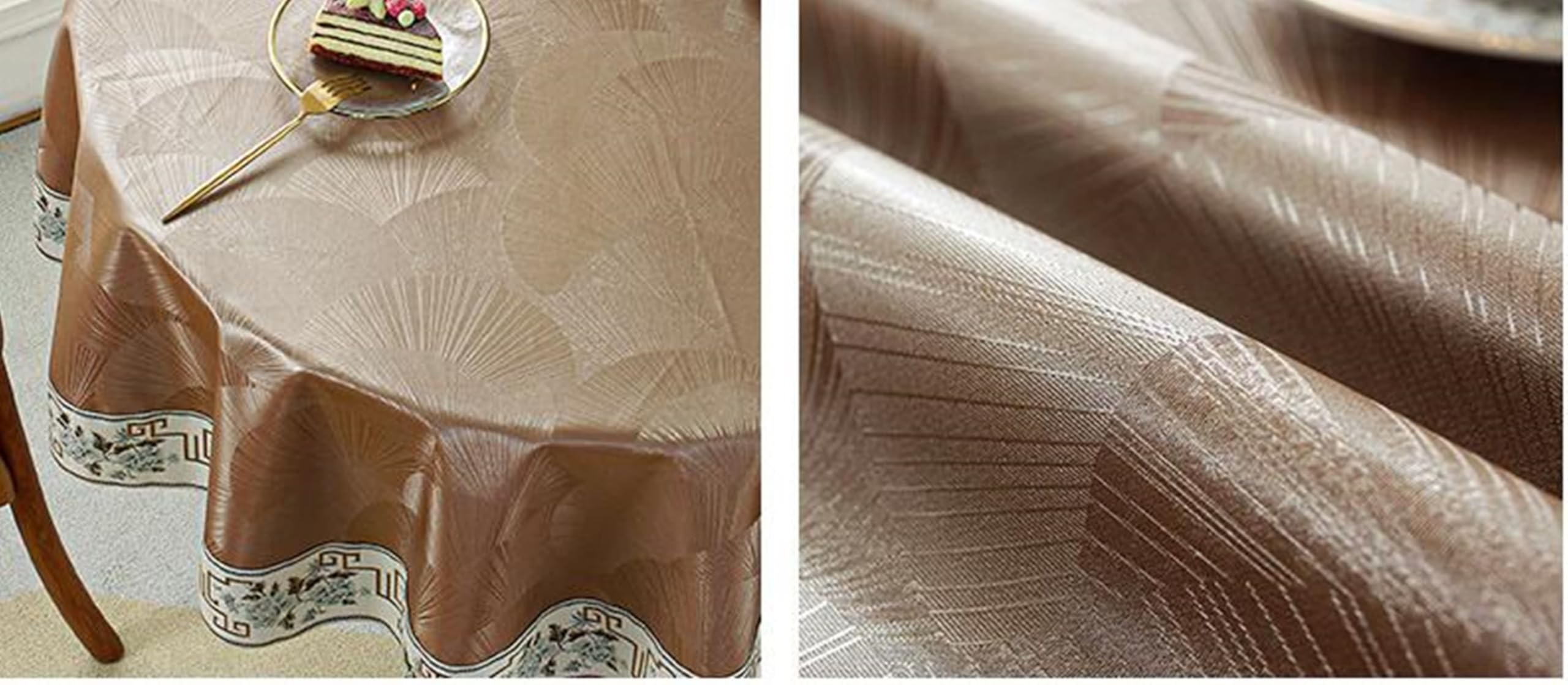 Mantel Protector Mesa Redondo Patrón de Luna y Bordados Mantel Mesa Balcon Redondo 220CM,Mantel Comedor PU Café