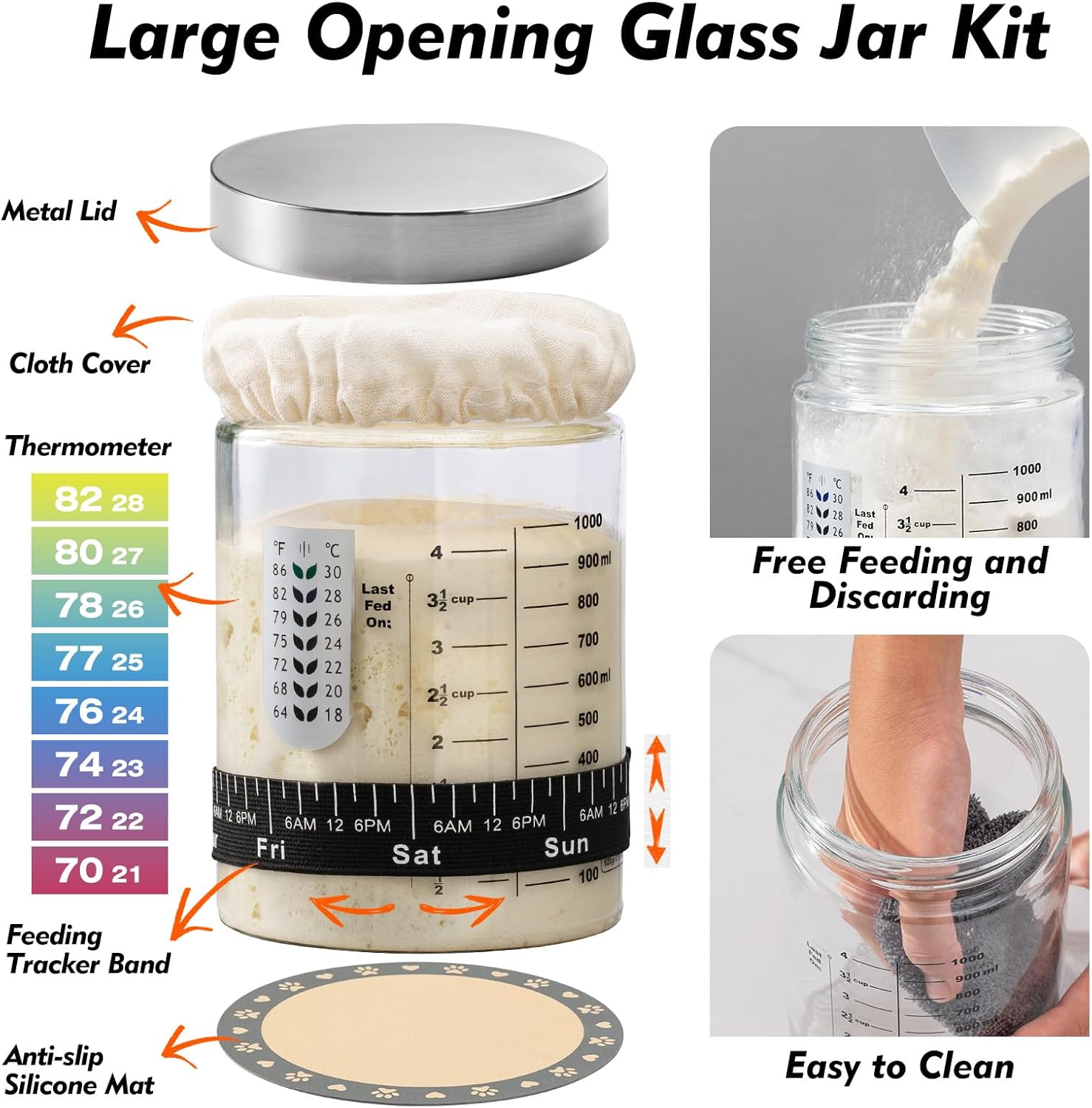 Sourdough Starter Kit, Sourdough Bread Baking Supplies, 40oz Sourdough Starter Jar, Silicone Banneton Bread Proofing Basket Set with 9" Round & 10" Oval,Artisan Bread Baking Tools,Silicone Bread Sling - Image 3