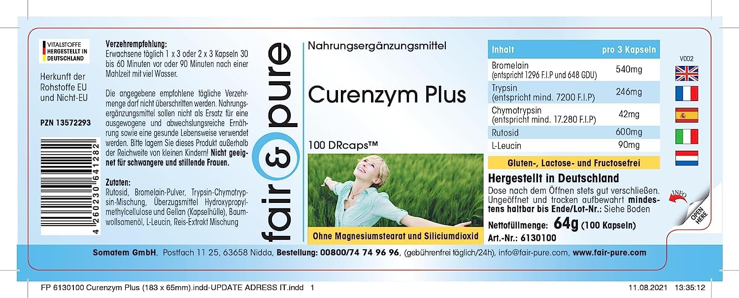 Fair & Pure Curenzym Plus, 100 Kapseln, schluckfreundlich, magensaftresistent, Enzym Komplex mit Bromelain, Trypsin, Chymotrypsin und Rutosid, ohne Magnesiumstearat, made in Germany