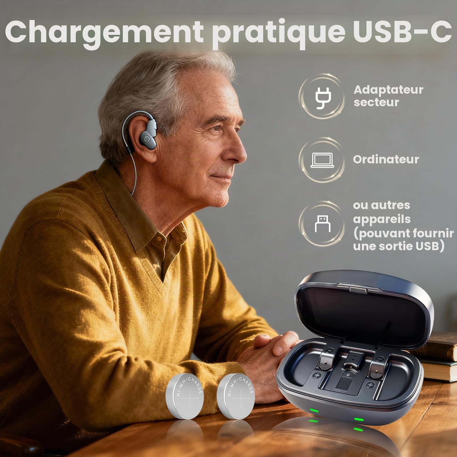 Batteries rechargeables 312 pour appareils auditifs et chargeur USB-C avec 4 cellules, alimentation longue durée pour appareils auditifs Bluetooth et non Bluetooth, étui compact portable