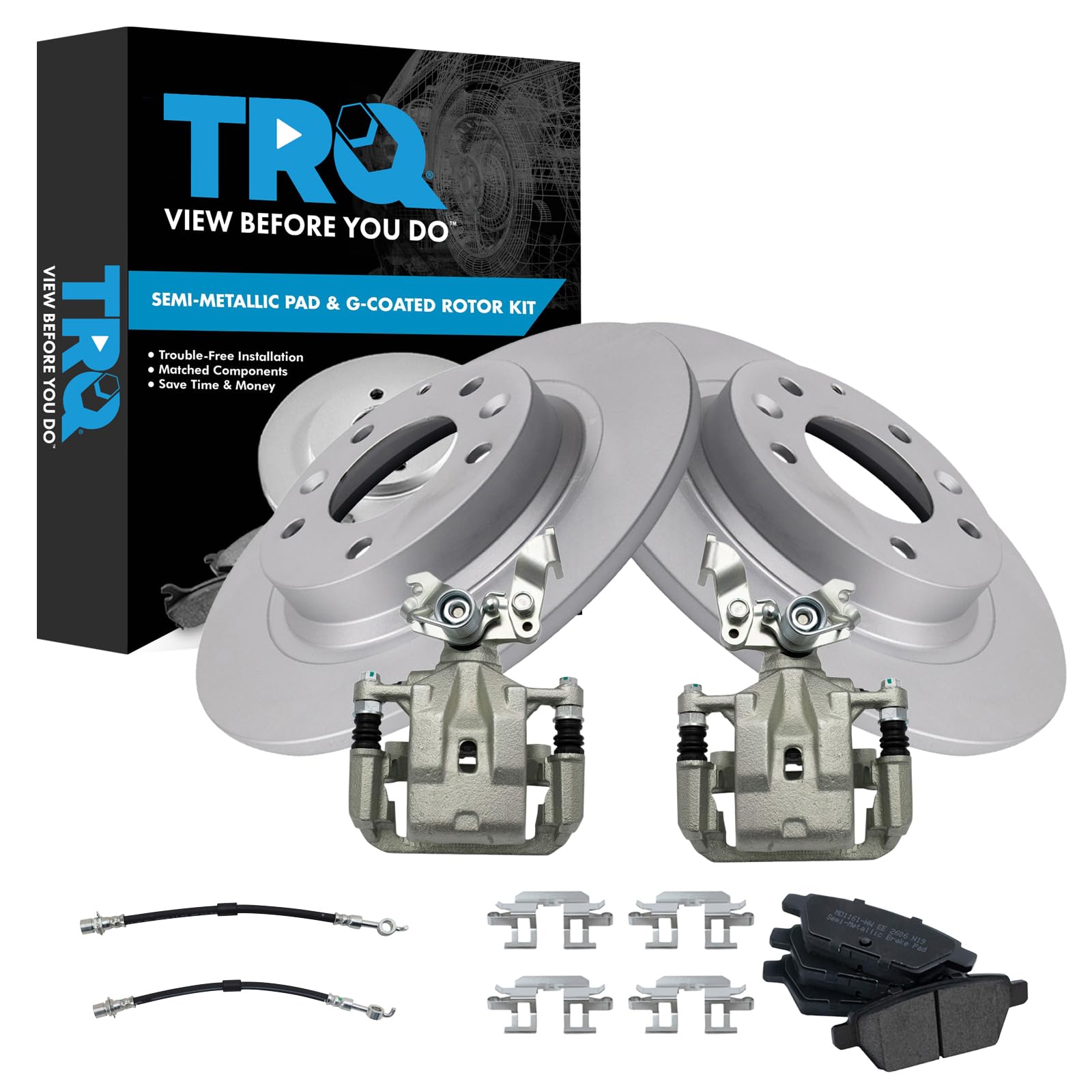 TRQ Rear Brake Pad &amp; Rotor Kit Semi-Metallic Premium G-Coated Compatible with 2009-2012 Ford Fusion Lincoln MKZ 2009-2011 Mercury Milan
