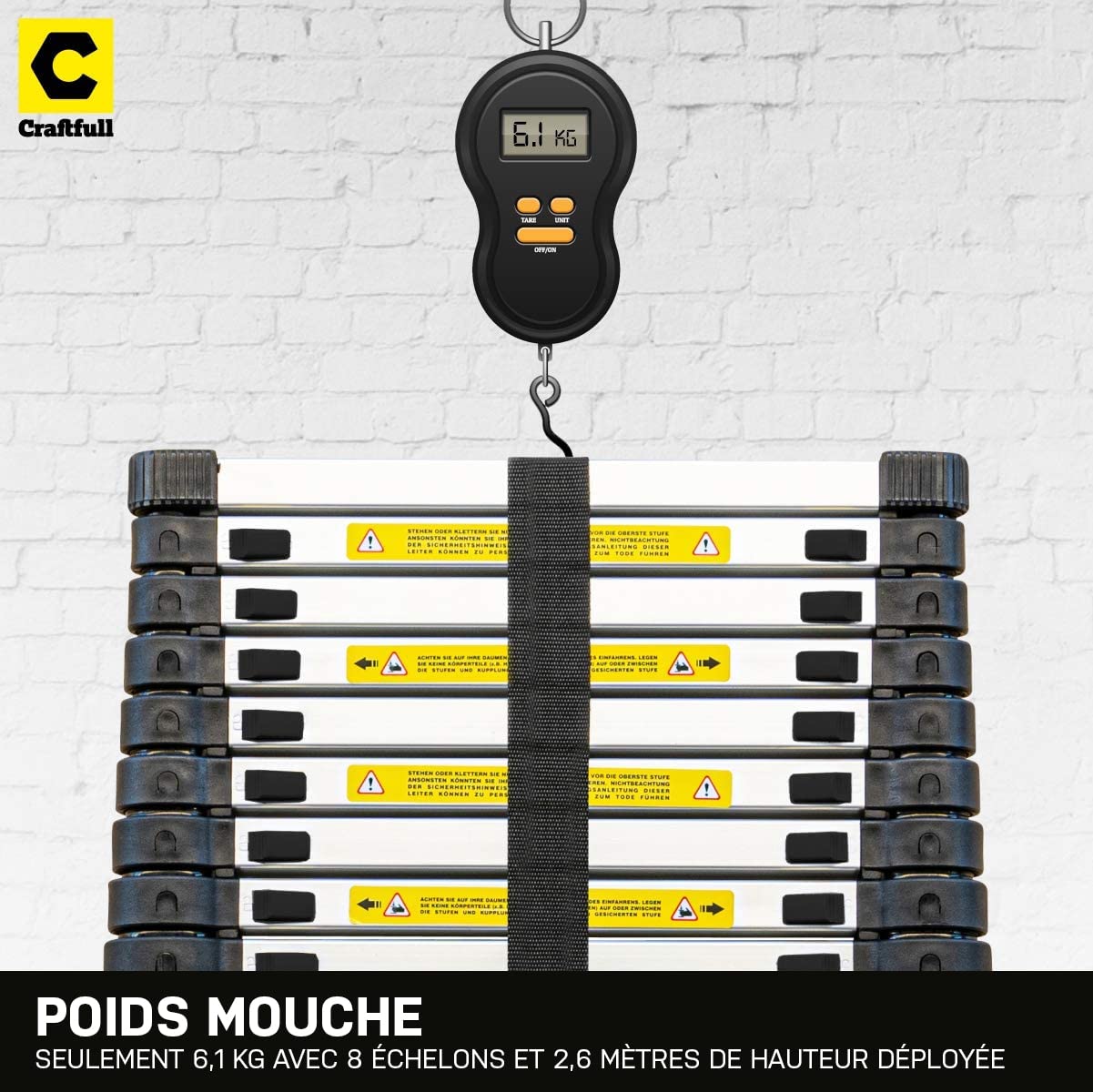 𝐂𝐑𝐀𝐅𝐓𝐅𝐔𝐋𝐋 Échelle télescopique Aluminium CF-101B | 3 Ans Garantie - Anti-pincement - escabeau - échelle autoportante - coulissante - d’Appui (2,6 m Soft-Close)