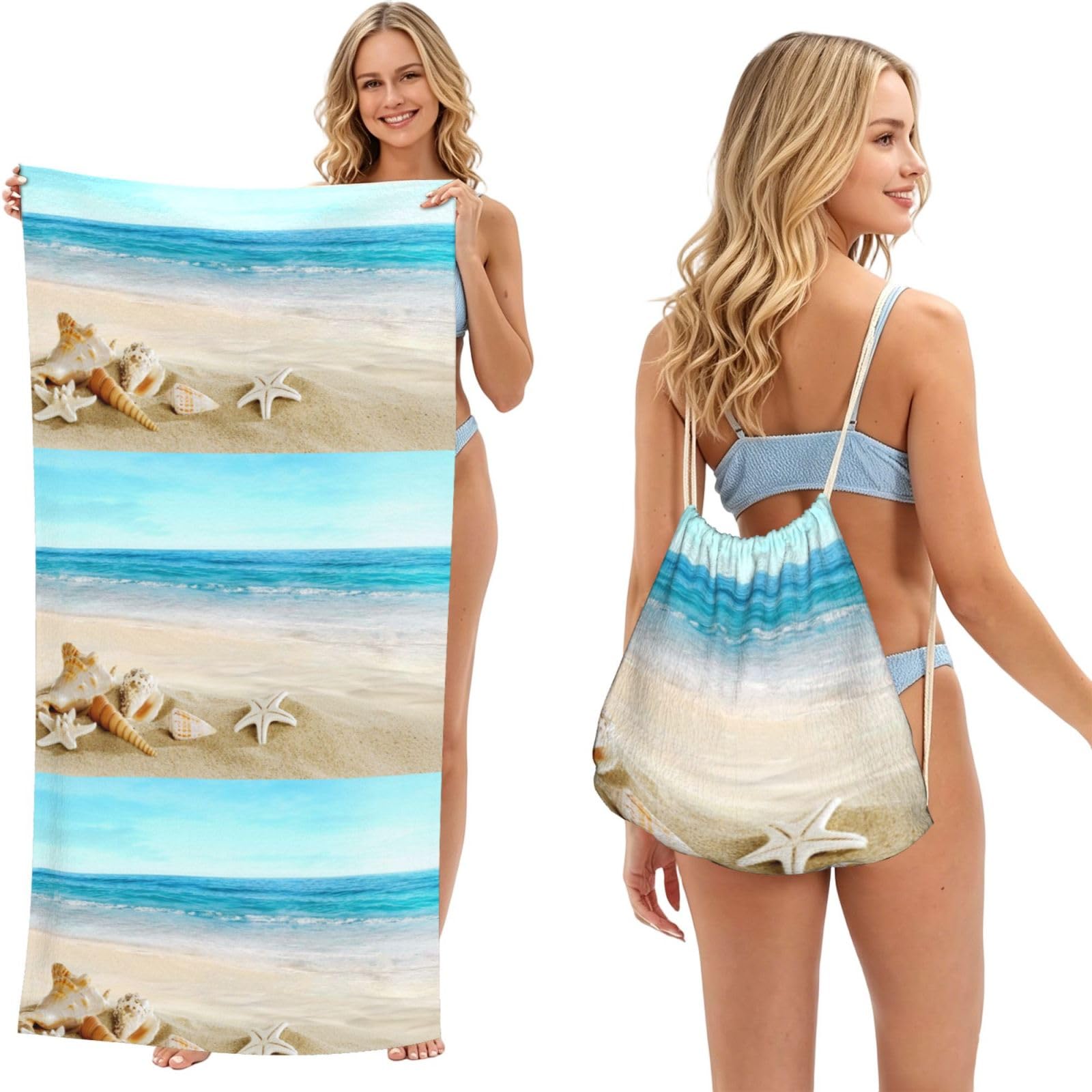 Poadnly As Picture Seashells Sand, 2 In 1 Packable Towel Bag, Beach Towels With Drawstring Backpack For Travel Holiday Camping