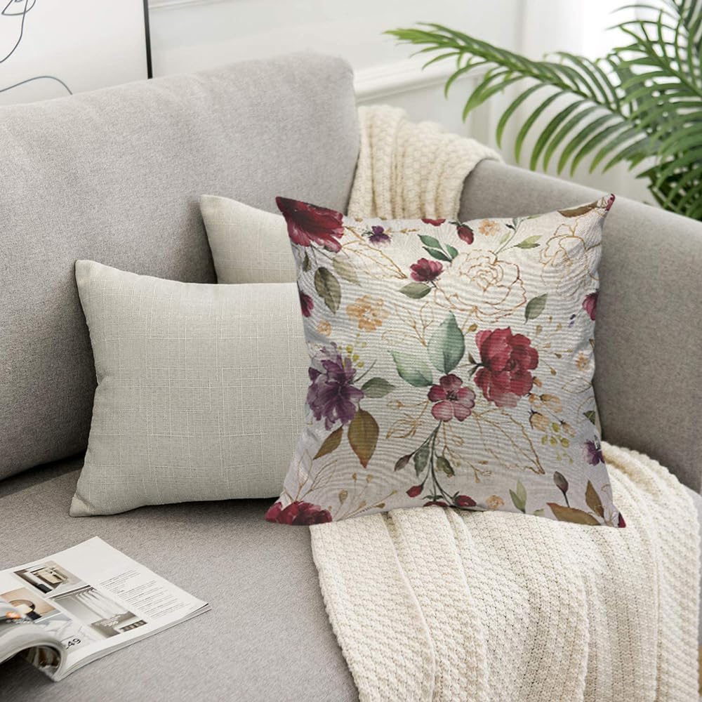 TKS MITLAN Roses Decorative Pillow Covers Vintage Gold Burgundy Flowers Leaves Rustic Linen Throw Pillow Covers 18x18 Inch for Sofa Couch Decoration image 5