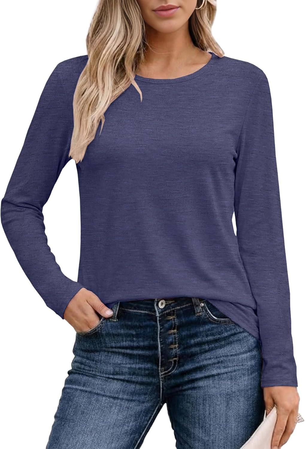Long Sleeve Shirts for Women Basic Crew Neck Fall Tops Casual Fit T Shirts, Dark Blue, 2XL - Image 2