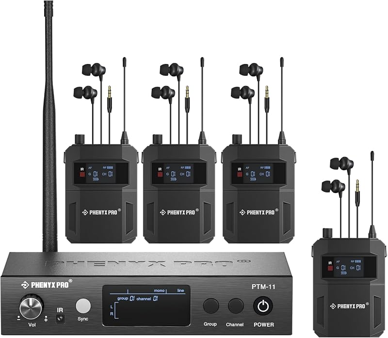 Phenyx Pro Wireless In-Ear Monitor System, Dual IEM for Musicians, Mono Stage Monitor, Metal w/ 4 Bodypacks, 50 UHF Frequencies, Rack Mount, 164ft Range, for Studio/Band (PTM-11-4B)