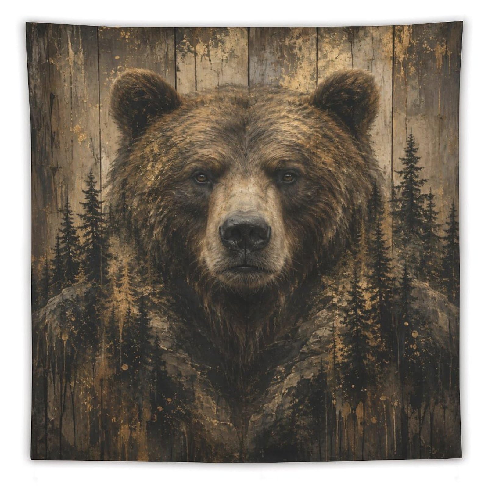 H3B8U2Y5 Brown Bear Woodland Portrait Wall Tapestry, Rustic Wildlife