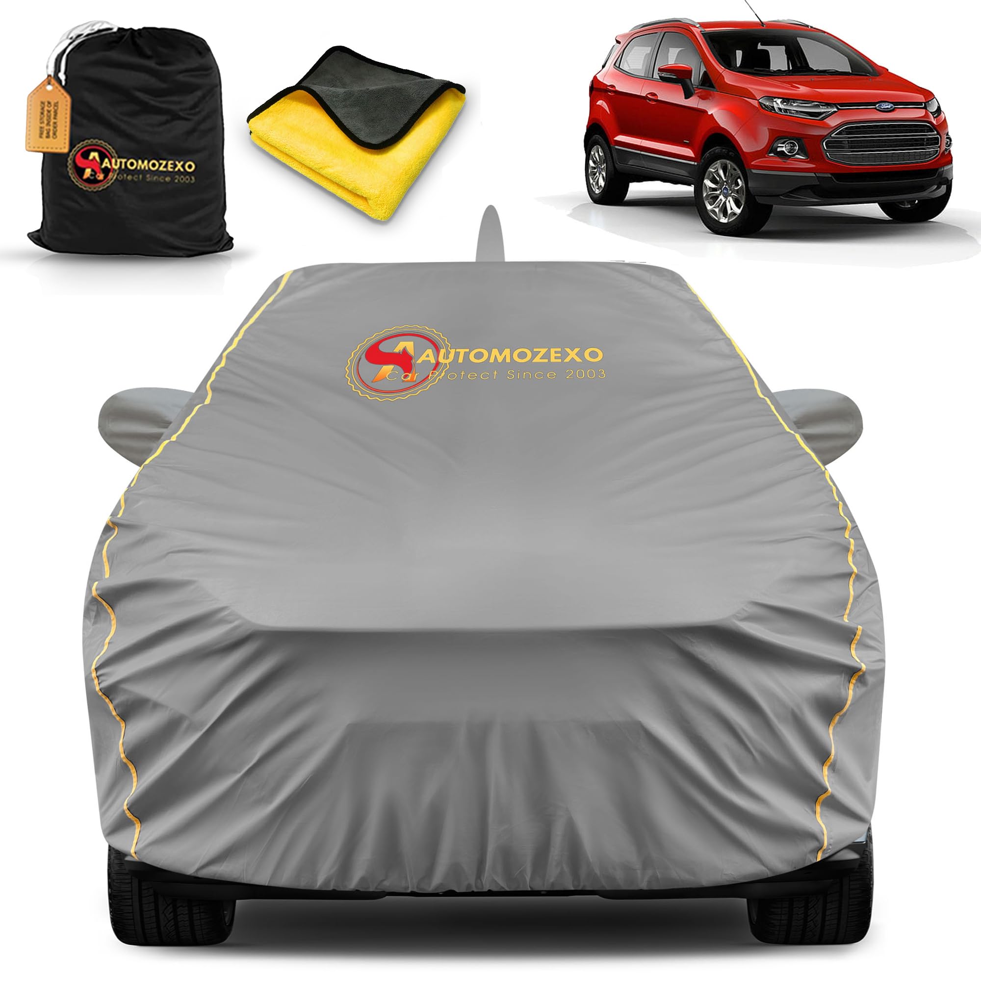 AUTOMOZEXO Fordd Ecosport 100% Waterproof Car Cover for All Weather Protection with Mirror & Antena Pocket Inner Cotton Triple Stitched Cover with Adjustable Belt Bottom Elastic to Secure Fit -Grey