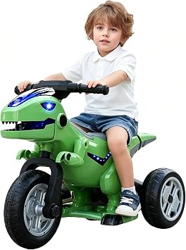 12V Dinosaur Ride On Motorcycle for Kids Ages 3-8, Electric Motorbike with LED Lights, Roaring Sound & USB Music, Safe 3-Wheel Anti-Tip Design, 110 lbs Capacity, Birthday Gift for Boys Girls