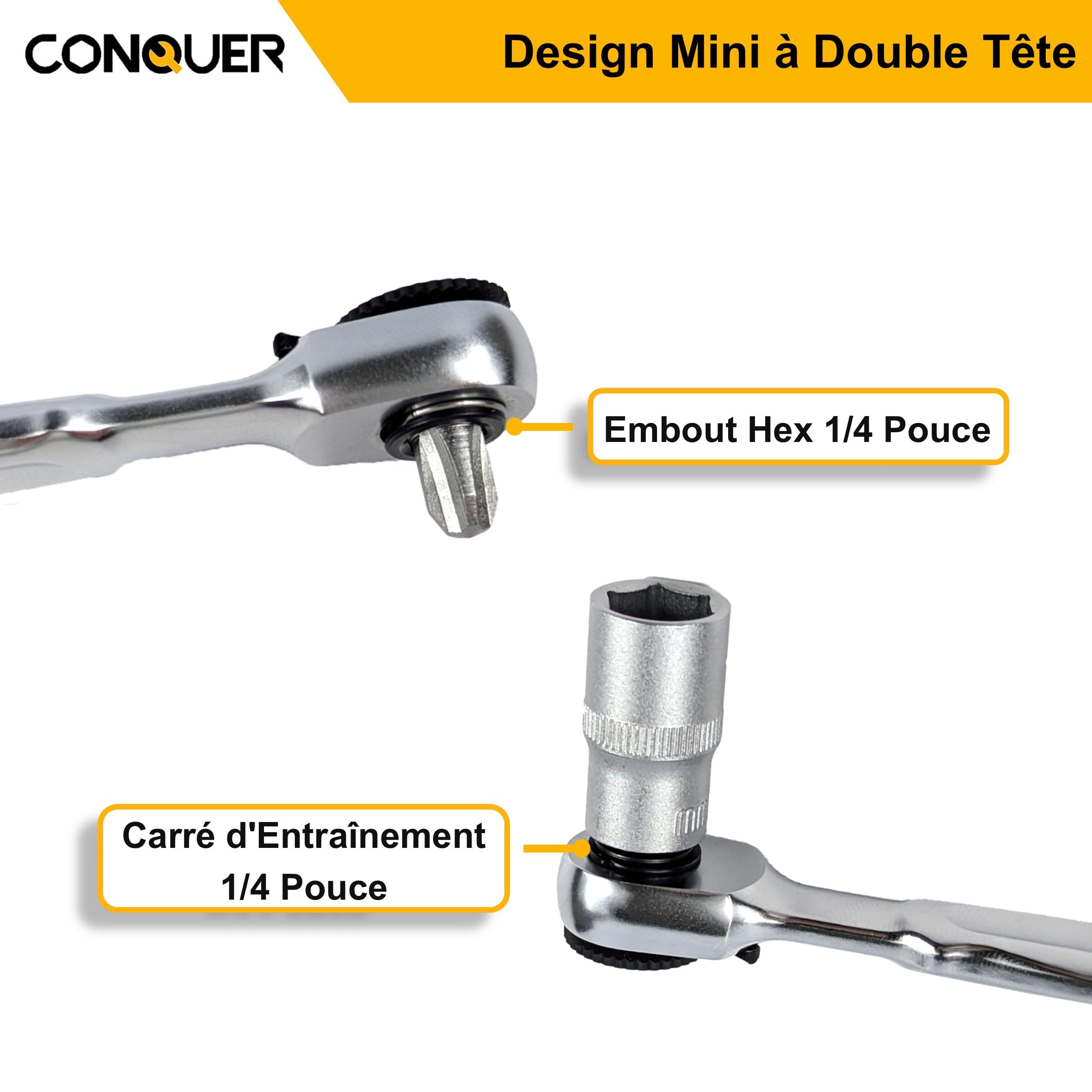 CONQUER Clé à Cliquet 1/4" Mini, Tête Double Ultra-Basse Profil, Résistance au Retour Ultra-Faible 72 Dents 5°, Outil Compact Mécanicien pour Espaces Moteur Étroits, Douilles et Embouts Hex EDC