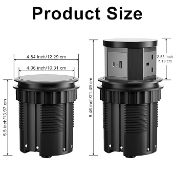 Pop Up Socket for Worktop, 4.33 Inch Automatic Hidden Power Socket with 15W Wireless Charger, 3 AC Sockets, USB-A & USB-C, for Kitchen, Office & Home (Black)