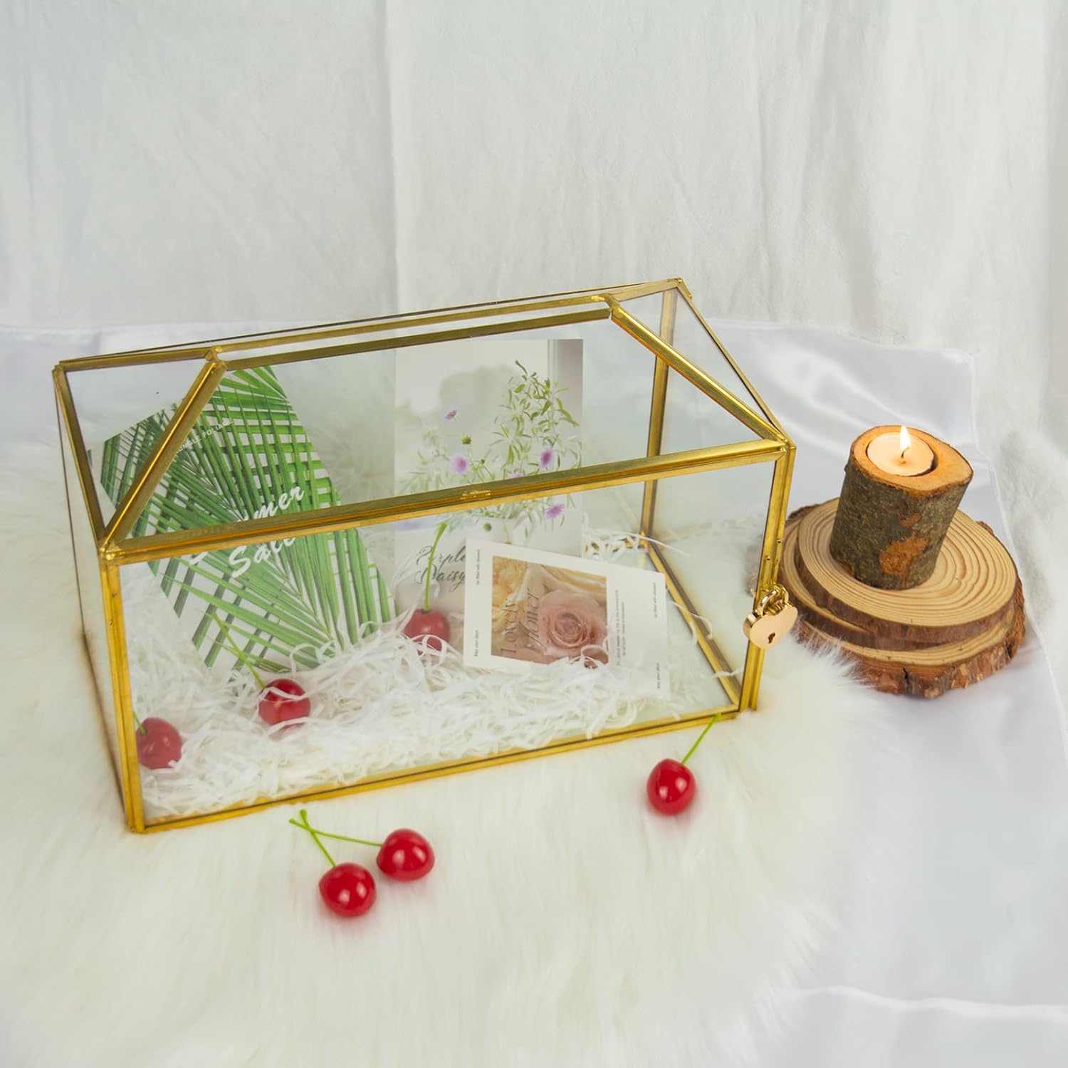 Gold Wedding Glass Card Box with Lock and Slot - 12.6 x 5.9 x 9.0inch Clear Lock Box with Key - Card Holder for Reception