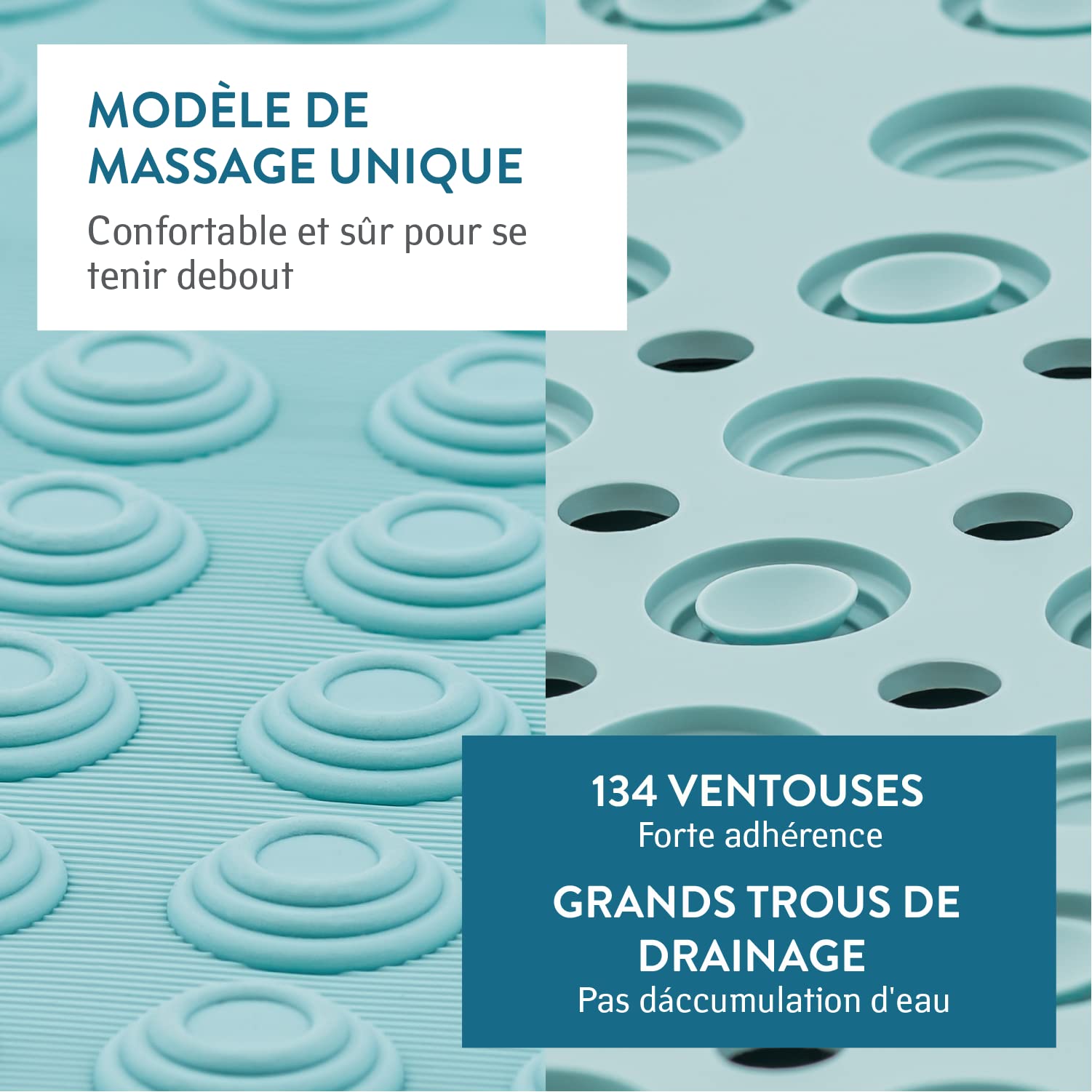 Tatkraft Detail - Tapis de Douche Antidérapant - 60x60cm - Tapis de Bain Caoutchouc Carré - 134 Ventouses - Sans BPA - Antifongique et Antibactérien - Pour Enfants et Sénior - Qualité Italienne - Bleu