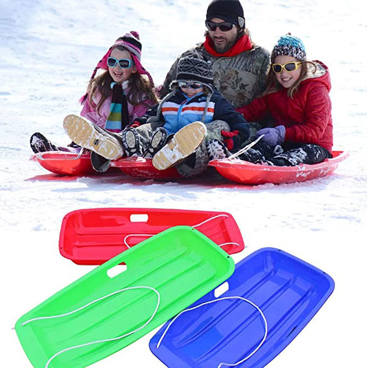 Snow Sled for Kids and Adults, 3 Pack Plastic Downhill Toboggan Skiing Boards Sled Luge Snow Grass Sand Board Ski Pad Snowboard with Handles Pull Rope,large