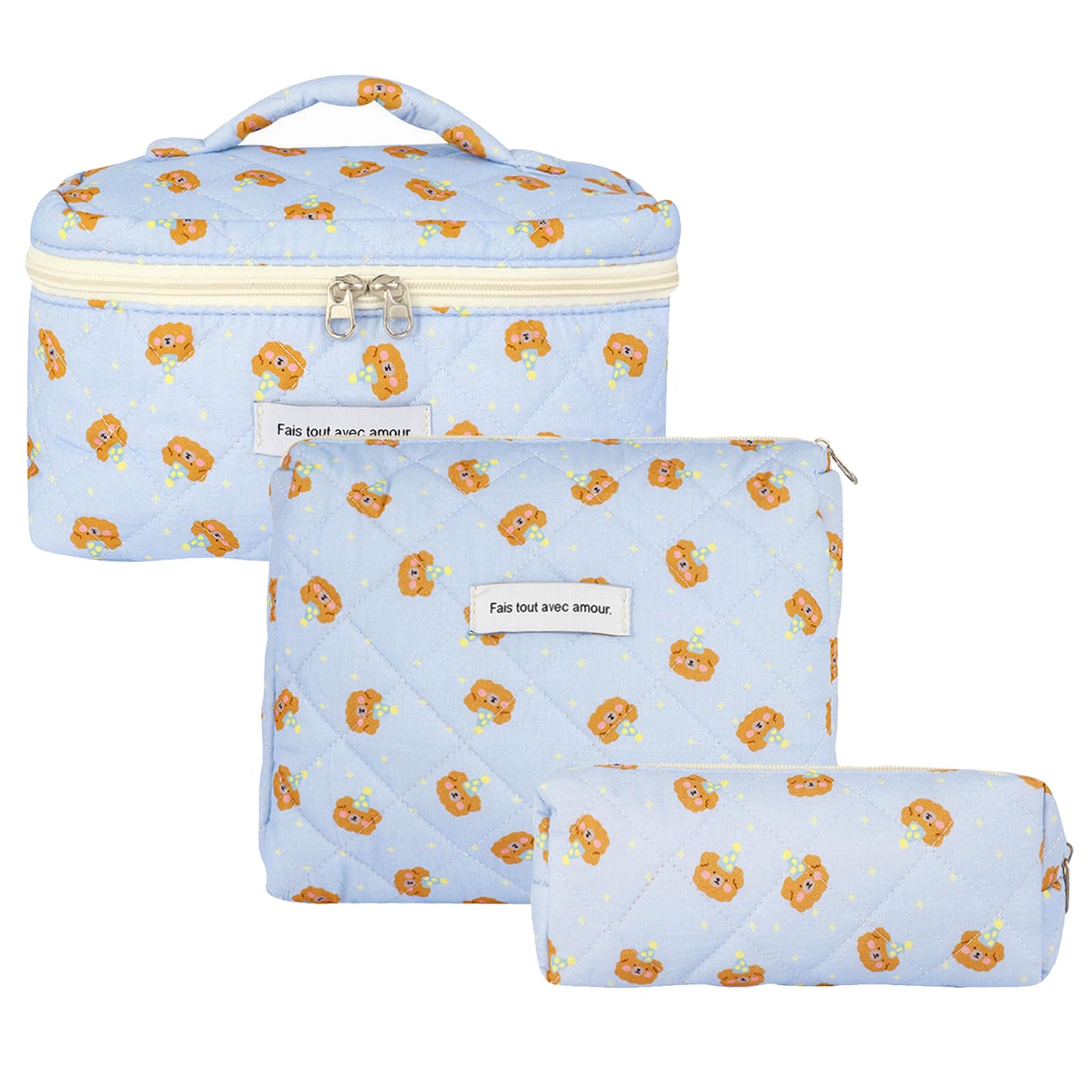 Women's Cosmetic Bag Set of 3 Travel Makeup Bag Made of Cotton, Flower Pattern Make-Up Bag, K-03, Fresh and sweet