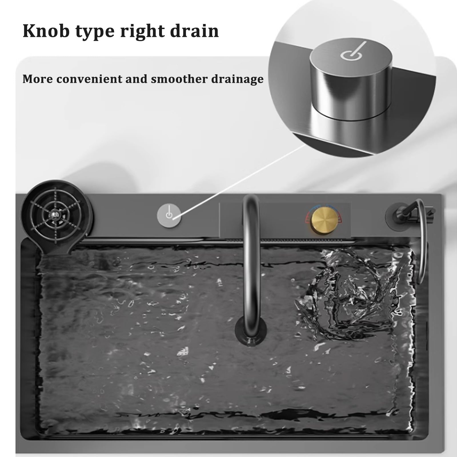 Kitchen Sink With Waterfall Faucet Stainless Steel Large Single Slot Bionic Honeycomb Black Wash Basin Topmount Apron Front - View #11