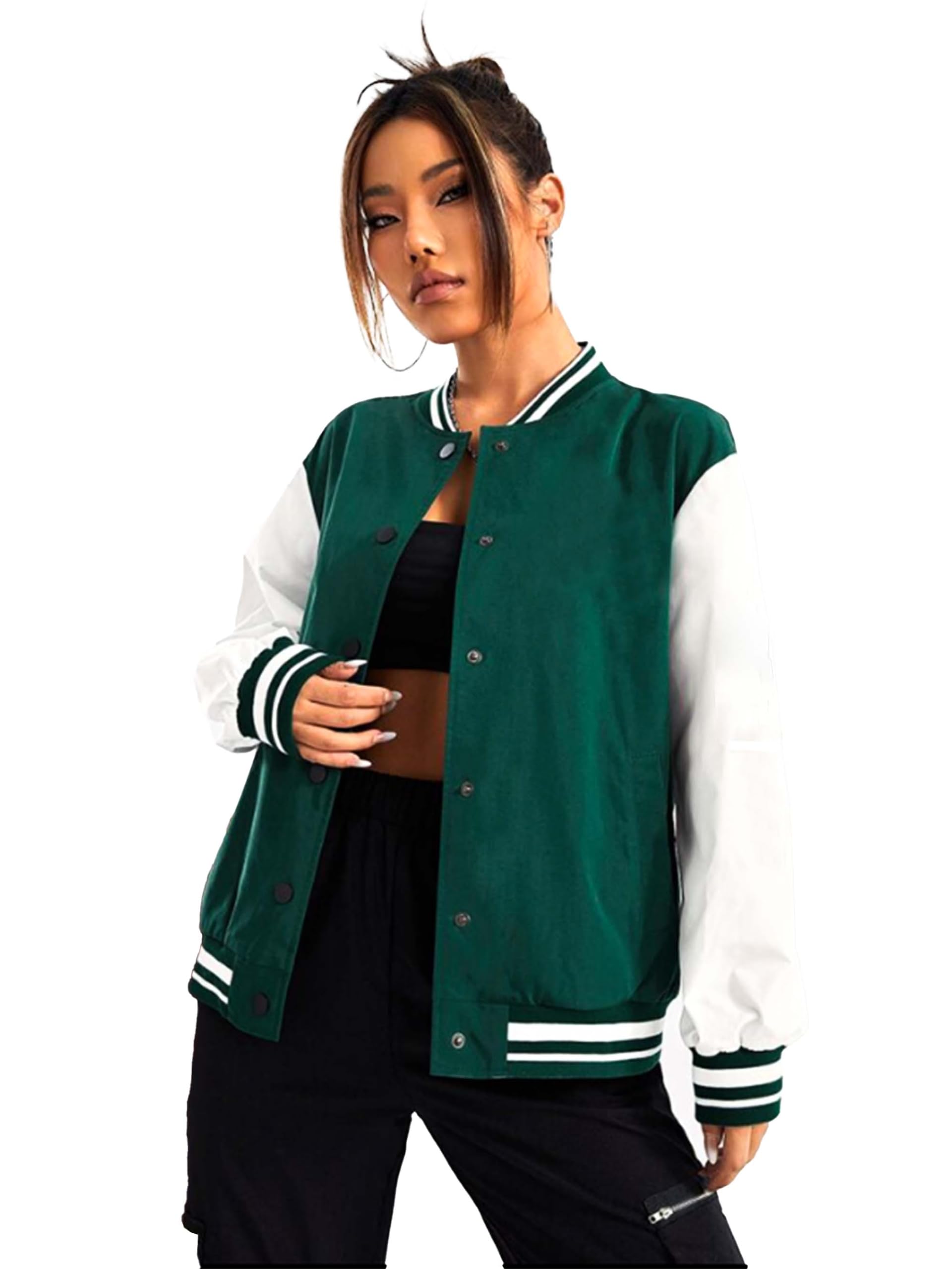 koverify Stylish Regular Fit Long sleeve Button Up Varsity Jacket for Women-picture-23