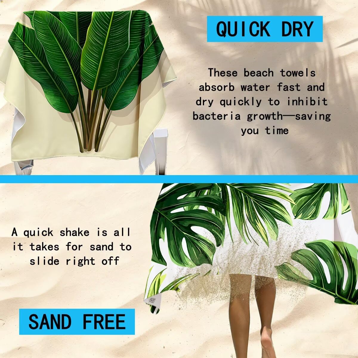 Strandtuch Mikrofaser Handtücher Groß 90x200cm 2er Set, Schnelltrocknend Saunahandtuch Fitness Handtuch Blatt, Saugfähig Badetuch Sporthandtuch, Sandfrei Strandtuch XXL, Geschenke für Frauen -4364
