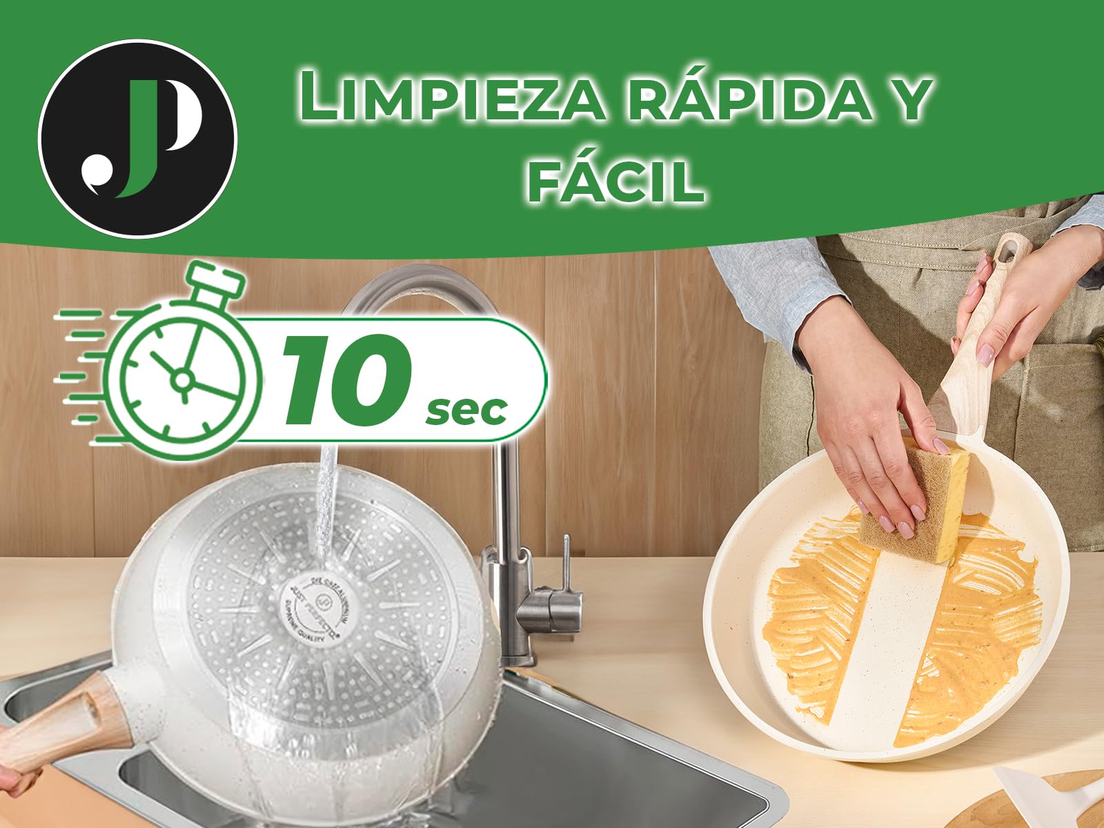 JUST PERFECTO Bateria de Cocina Induccion y Sartenes Antiadherentes, Ollas 28cm, Sartenes 24cm 28cm, Cacerolas libre de PTFE y PFOA (15 piezas beige)