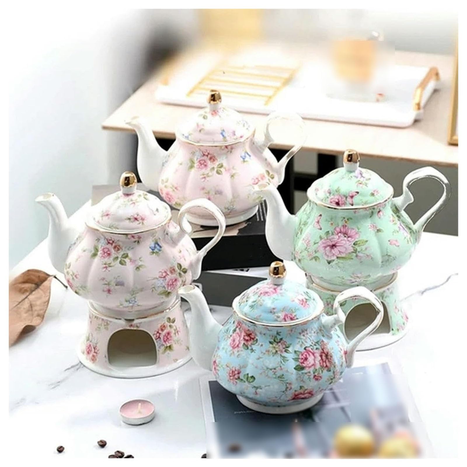 Emaille Teekanne mit Griff Bone China Teekessel Wasserkessel Antik Blumen