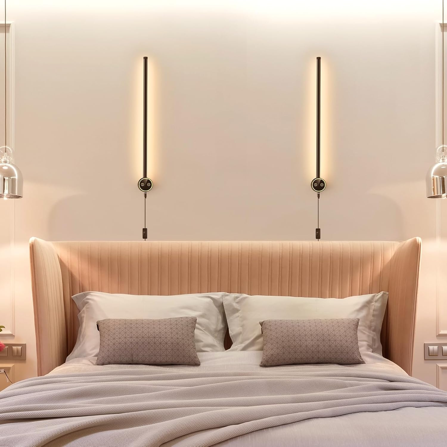 Wall Sconces Set of Two, 22'' LED Dimmable Plug in Matte Black Sconces Wall Lighting Fixtures, 9W Modern Wall Lamp Indoor for Living Room Bedroom Hallway