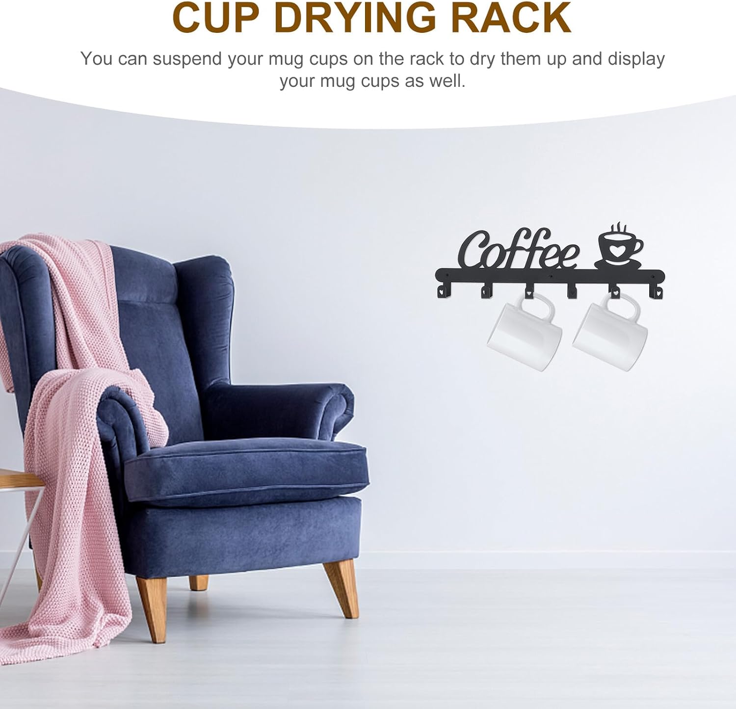 Wall-Mounted Metal Mug Organizer Rack with Multi Hooks for Kitchen Cup Storage and Drying Creative Coffee Theme Holder for Home Decor Gift for Coffee Lovers