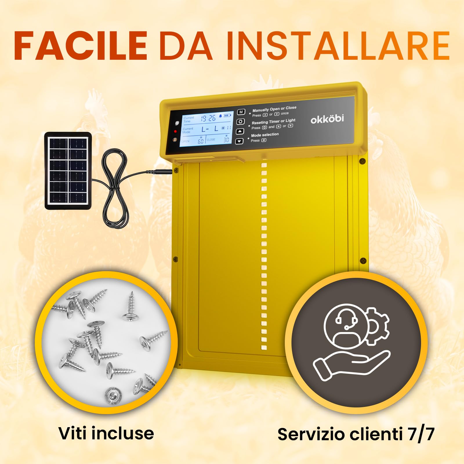 Okkobi Porta Automatica Pollaio Solare - Display LCD - Porta Pollaio con telecomando, Sensore di luce e Timer - Sicurezza e tranquillità: Funzione Antipizzicamento - Protezione di 5 anni