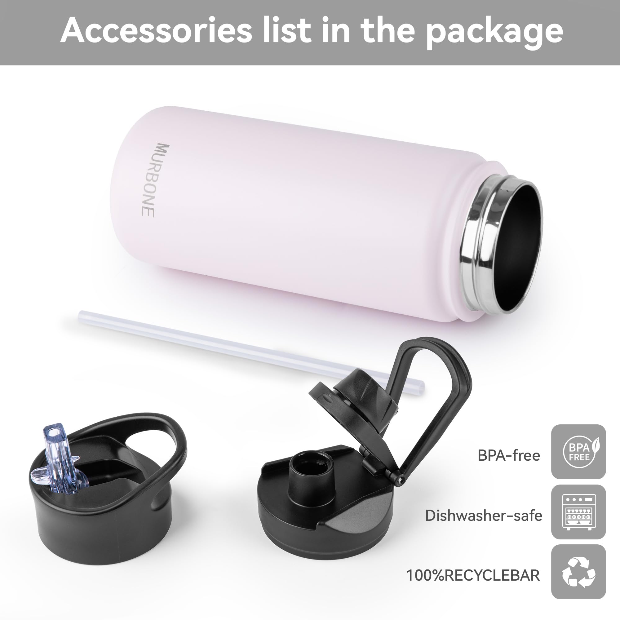 MURBONE Insulated Water Bottle, 500ml Stainless Steel Drink Flask with Straw, BPA Free - Image 3