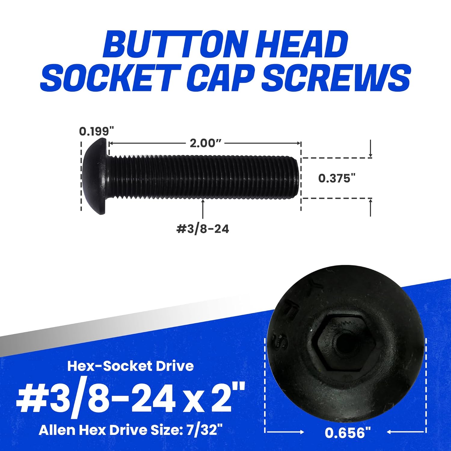 Fastenere Button Head Socket Cap Screws - 3/8-24 x 2 (10-Pcs) Alloy Steel, Fully Threaded, Fine Black Oxide Finish, Corrosion-Resistant, Machine Thread, Easy to Install w/Allen Hex Drive